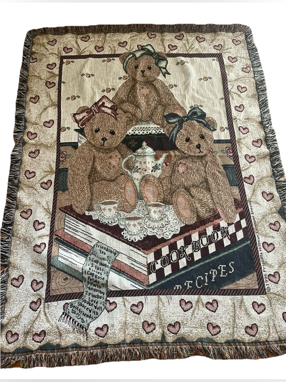 Cherish Teddies Tapestry Throw Blanket Enesco Friendship Tea 1996 Teddy Bear